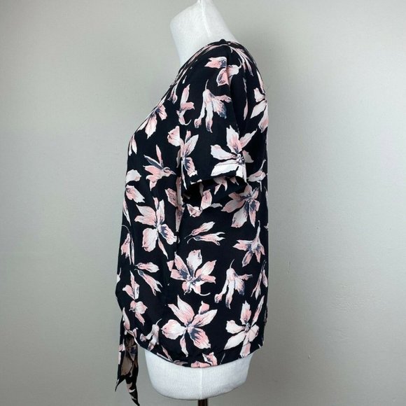 Madewell Silk Top S‎ Floral Button Back Tie Front Tee Sheer Black Pink - Picture 10 of 11